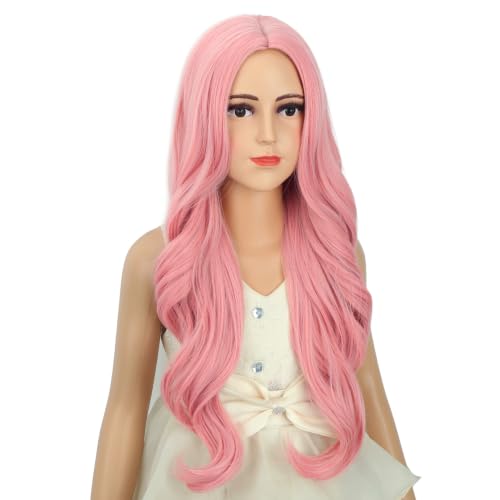 Image of Pale Pink Wig Long Pastel Pink Wavy Curly Wig Long Middle Part Wigs Heat Resistant Synthetic Hair with Cap (Small Size)