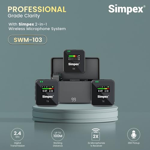 Image of Simpex SWM-103, 2-in-1 Wireless Microphone System with 100M Range, 12hrs of Work time, LCD Screen on All The Units, Plug and Play, Noise Cancellation, Compatible with Smartphones and Camera