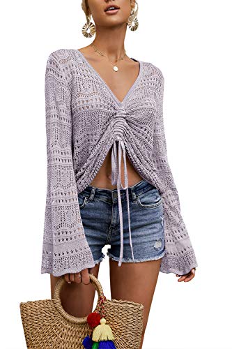 Image of Saodimallsu Womens Boho Off Shoulder Sheer Crop Tops Bell Sleeve Flowy Oversized Crochet Ruched Pullover Sweaters