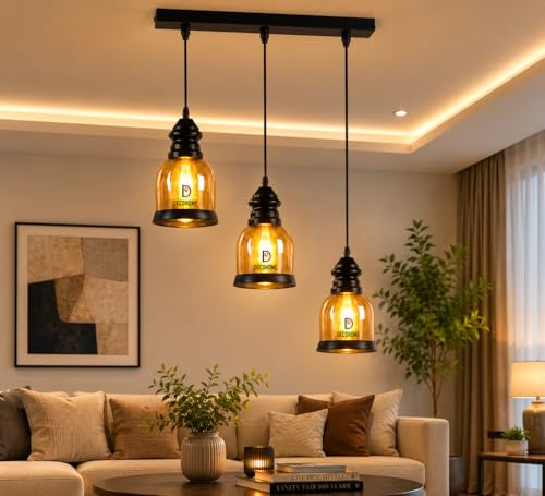 Image of DECOHOME Modern Ceiling Light Pendant Lamp | Stylish Hanging Lights for Dining, Kitchen & Living Room | Premium Build with Elegant Design & Warm Ambient Lighting (Golden-Black-Luster Set)