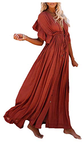 Wander Agio Womens Skirt Long Dress Bikini Cover Up Beach Swimear Coverups Cardigan Button Dresses Caramel 3