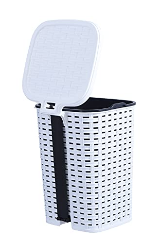 Image of Superio Small Outdoor Trash Can with Lid for Dog Poop 3 Gallon /12 L Mini Plastic Garbage Can with Foot Pedal for Bathroom, Bedroom, Office, Patio, Wicker White