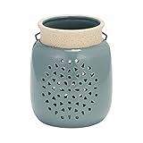 Sagebrook Home Ceramic Hurricane Lantern with Cutout Design - Stoneware Decorative Candle Holder for Home, Office & Living Room - Rustic Garden Accent - 6' Blue