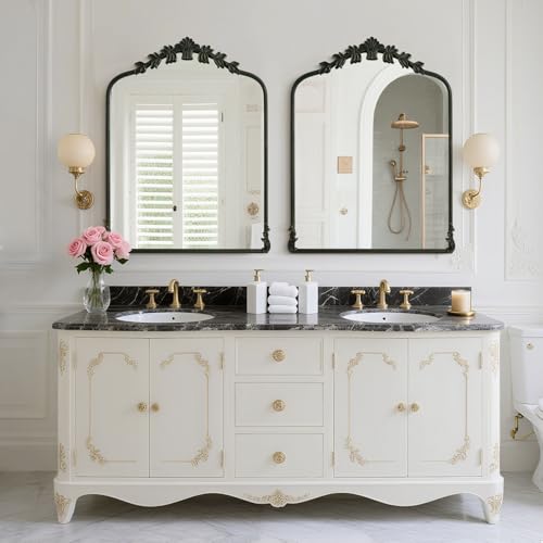 Image of WallBeyond Black Antique Mirror for Vanity 28x36 Inch, Black Vintage Mirror with Ornate Frame, Arched Vintage Wall for Bathroom, Living Room, Fireplace