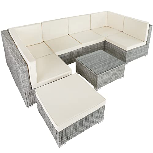 TecTake 800762 Salon de Jardin Poly Rotin, Lounge en rotin, Meubles de Jardin, Canapé Ensemble: 6 Chaises 1 Tabouret 1 Table, Résine Tressée - diverses Couleurs - (Gris Clair | No. 403700)