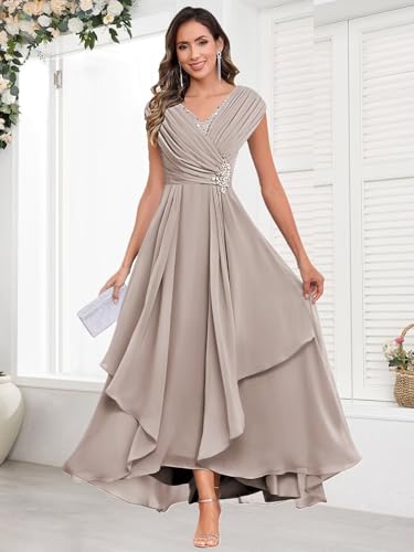 Long Chiffon Mother of The Bride Dresses for Women Tea Length V Neck Pleated Formal Evening Dress4