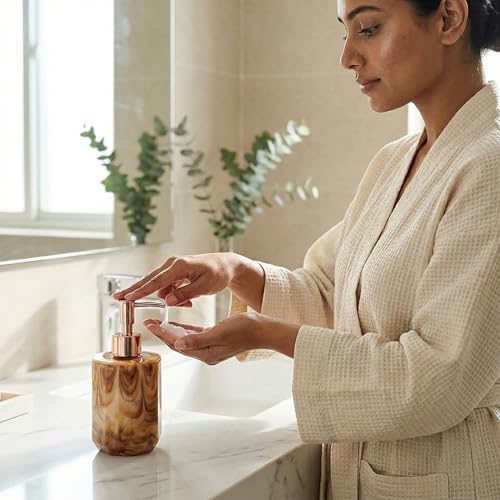 Image of Luxe Home International Marble Pattern Plastic Soap Dispenser for Bathroom and Kitchen Sink Leak Proof Liquid Hand Wash Round Bottle Lightweight Smooth Finish (17x8 cm Brown) Pack of 1