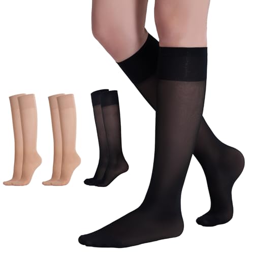 Yilanmy 3 Paar Kniestrümpfe Damen Nylonstrümpfe 40 DEN Kompression Pop Socken(Schwarz Natur)