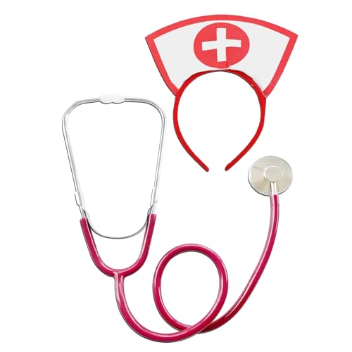 Gintison Halloween Nurse Costume Accessory Set, Two-Piece Set of Headwear and Stethoscopeis for Cosplay Dress Up,Red