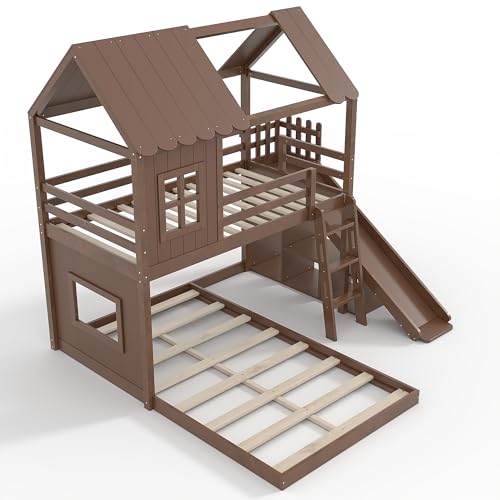 Image of Bellemave Bunk beds Twin Over Full with Slide,Ladders,Bookshelf and Wardrobe House roof Design, Low bunk /loft Bed for Kids, Deep Natural