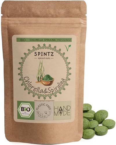 SPINTZ® Bio Spirulina + Chlorella Presslinge 200 Stück | 100% kontrolliert biologischer Anbau | Vegane Chlorella Spirulina Tabletten 500mg/Tab | Plastikfrei verpackte Algen Tabletten