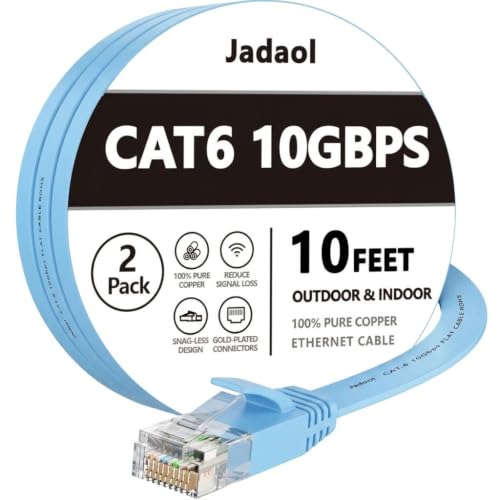 Image of Jadaol Cat6 Ethernet Cable 10FT 2-Pack 10Gbps Flat Network Cable, Blue