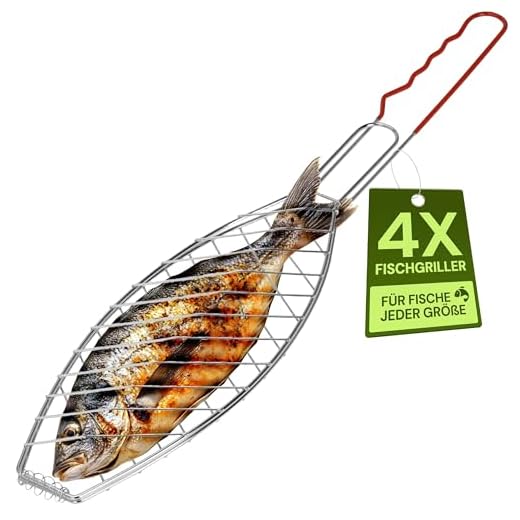ToCi 4X Fischgriller (Silber) mit Gummigriff | Große Fischbräter Gemüsekorb aus Metall (58 x 13 cm) | Grillfisch Rack Fischgrillzange Fischkorb für Grill und BBQ