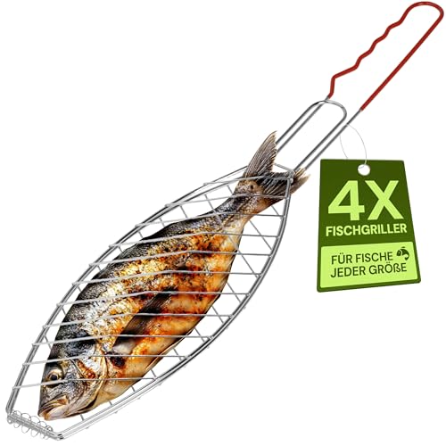 4 x Fischgriller mit Gummigriff – Fischbräter Grillkorb aus Metall 58 x...