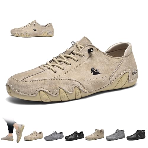 Men's Italian Handmade Suede High Boots, Beck Shoes Waterproof Outdoor Non-Slip Lightweight Casual Sneakers Barefoot Walking Shoes Chukka Driving Boots(Khaki Low-top,US 9-9.5)
