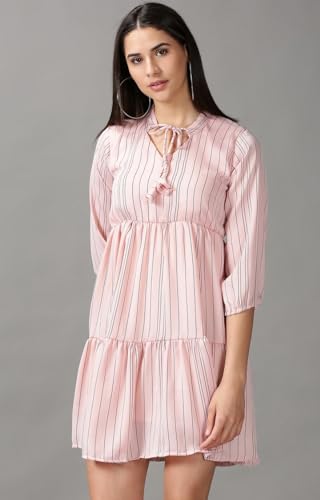 Image of SHOWOFFFF Women Stripe Print Fit and Flare Casual Dress | Round Neck 3 /4th Sleeves Satin Dress for Womens | Above Knee Dress for Women's