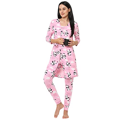 Image of Sweet Dreams Women Printed Lapel Collar 3 /4th Sleeve Poly Brush Robe, Slip & Pyjama Set