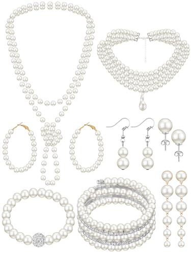 Image of BBTO 8 Pcs Pearl Necklace Earring Set Women Wedding Jewelry | Multi Layer Pearl Necklaces Bracelets, Rhinestones, Pearl Gift for Bridal Shower Birthday, Party Costume Jewelry