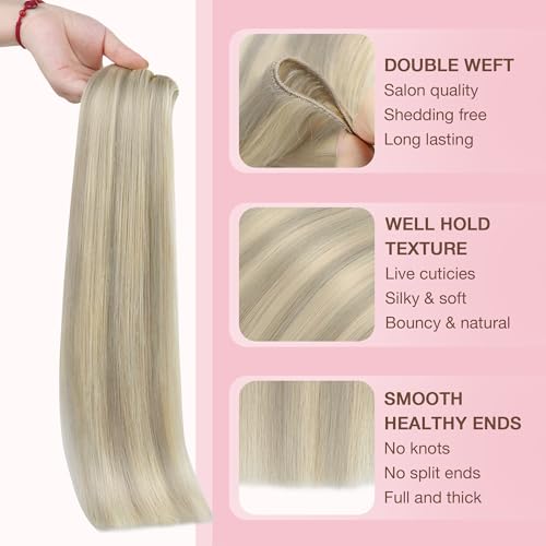 Image of GOO GOO Genius Weft Hair Extensions Human Hair, Sew In Weft Extensions, Seamless Blend & No Bulk Flat, Natural Volume for Women, 17A /60A Ash Blonde Highlighted Platinum Blonde 14 Inch 50g