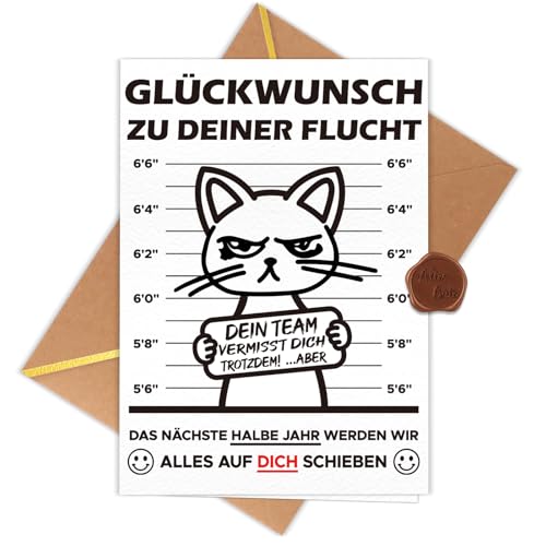 WenmthG Witzige Abschiedskarte Kollegen A6 (Klappkarte mit Umschlag und Wachssiegel) - Herzlichen Glückwunsch zu deiner Flucht - Abschiedsgeschenk Kollegen - Karte zum Abschied Kollegin & Kollege