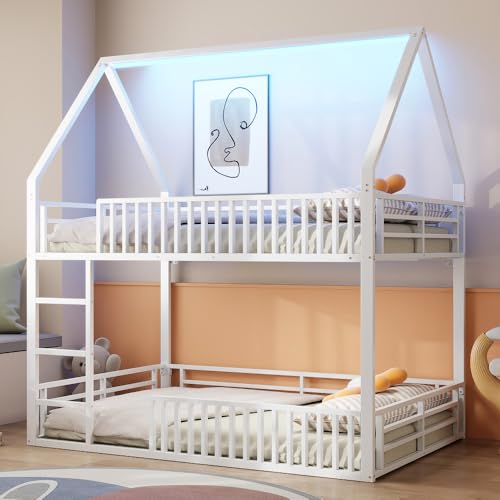 Wyibwy Montessori - Litera para niños con luz LED, 140 x 200 cm, con forma de casa y somier de láminas, cama alta de matrimonio con escalera y riel, sin colchón, color blanco
