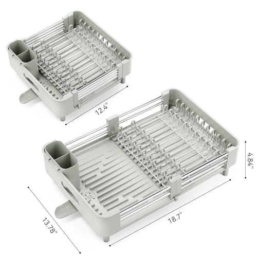 Image of Urackify Extendable Dish Drying Rack, Dual Part Dish Drainers with Non-Scratch and Movable Cutlery Drainer and Drainage Spout, Adjustable Dish Rack for Kitchen, Gray & White