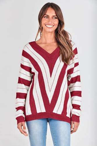 PRETTYGARDEN Sweaters for Women 2025 Long Sleeve Striped Knitted V Neck Pullover Jumper Tops Fall Outfits Fashion Clothing