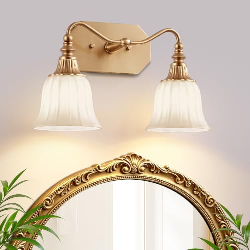 Image of LmnLvn 2‑Light Bathroom Vanity Light, Matte White with Crystal Glass Shade