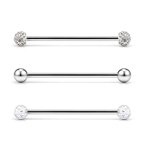 Ruifan 14G Stainless Steel Crystal Ferido Ball Short Industrial Barbell Earring Cartilage Body Piercing Jewelry 1 1/4 Inch(32mm)