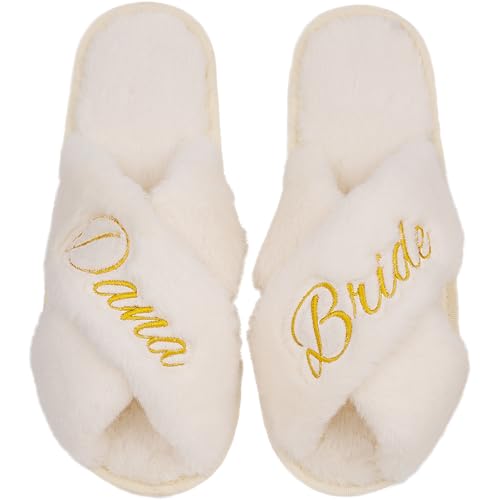 Slippers for Wedding Day, Embroidery Bridal Shower Gift for Women Bridesmaids, Personalized Bride to Be Open Toe Fuzzy Flip Flops, Getting Ready Outfit, Bachelorette Party Gift