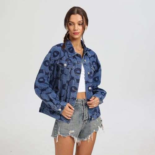 Women's Jean Jacket Denim Long Sleeve Oversized Button Down Flower Printed Jacket Coat2