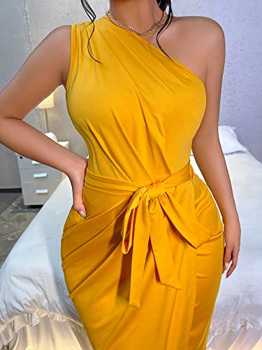 Makemechic Women's One Shoulder Dress Sleeveless Ruched Split Wrap Belted Cocktail Midi Dress Yellow L #TOP3