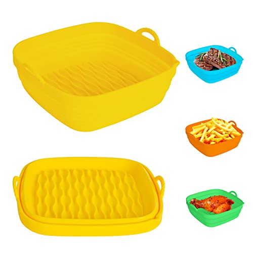 WARMPLE Silicone Air Fryer Liners Sqaure, 8.5 Inches Reusable Food Grade Silicone Air Fryer Oven Accessories, Foldable Air Fryer Basket Bowl, Heat Resistant & Easy Cleaning, 5 to 7QT, Yellow