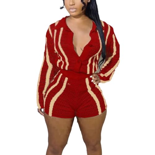 Image of Womens Fashion Stripe Knit Sweater Cardigan 2 Piece Outfits，Long Sleeved Woollen Cardigan and Shorts Suit