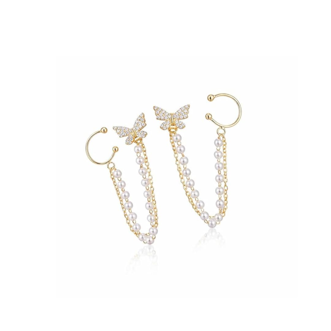Butterfly Pearl Chain Earrings for Women Stylish Ear Cuff Earrings with Pearl Drop Chain Elegant Korean Style Stud Earrings for Girls Fashion Jewelry for Party Wedding-image-22