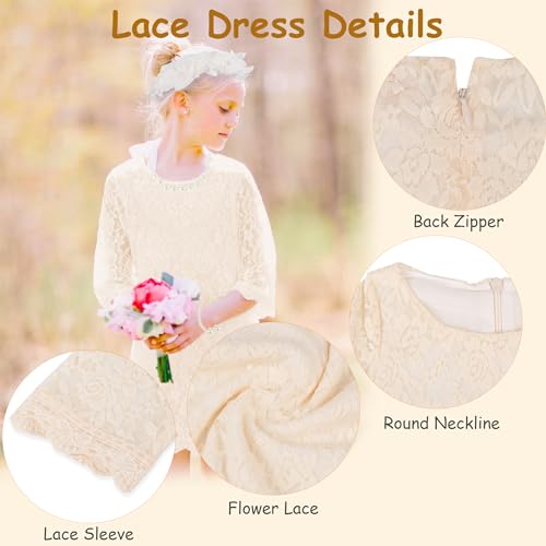 Girls Flower Lace Fall Dress - Toddler Easter Dresses with Headband Pearl Jewelry Set Kids Boho Dress for Wedding Size 7-83