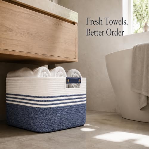 Image of Cotton Rope Laundry Basket Large, 19.2GAL Collapsible Woven Storage Baskets for Living Room Kids Toys Stuffed Animal,Boho Rectangular Decorative Short Hamper for Dirty Clothes, Blankets Denim Blue