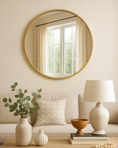 Image of Sidra Decor 18 Inch Metal Frame Round Wall Mirror | Modern Circle Mirror for Bathroom, Bedroom, Living Room | Wall Mounted Decorative Mirror for wash Basin (Gold)