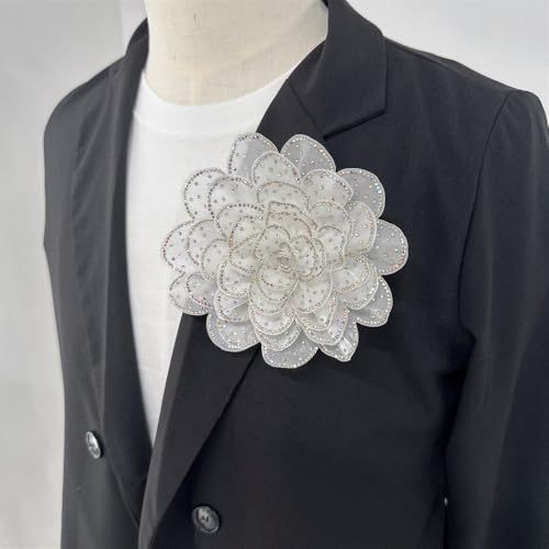 Image of Rhinestone Camellia Flower Big Brooch Lapel Pins for Women Fashion Crystal Fabric Floral Brooches Pin for Dresses Suit Accessories Jewelry Boutonniere Corsage Wedding Party 140mm