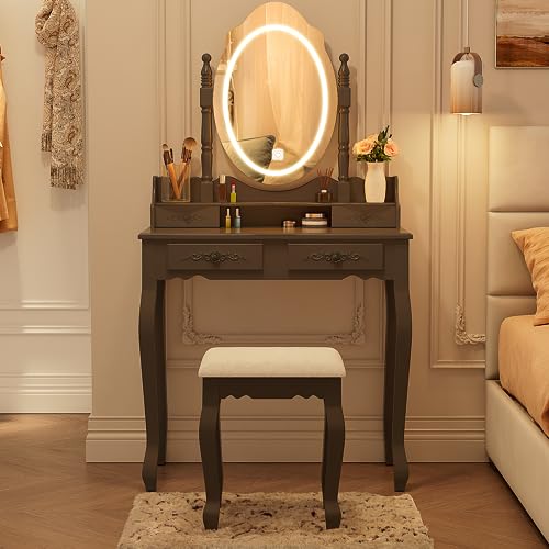 Vanity Desk with Mirror and Lights Modern Vanity Makeup Table and Cushioned Stool Set with 4 Drawers 3 Color Lighting Modes with Adjustable Brightness Dressing Table Set for Bedroom (Black Vanity)