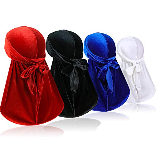 4 piezas de terciopelo para hombre Durags – Premium Soft Durag Headwraps con cola extra larga y correas anchas perfectas para 360 ondas