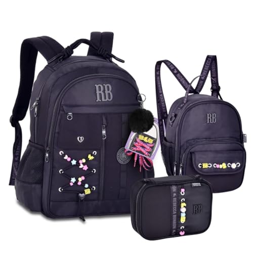 Kit Mochila de Costas Estojo Box e Lancheira 2x1 Rebeca Bonbon Beaded Fun RB Escolar Trabalho Faculdade Preto