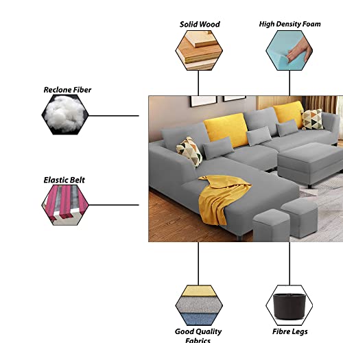 Image of Galib LHS 8 Seater L Shape Sofa Set with Ottoman & 2 Puffy for Living Room (Cream) Premium Fabric