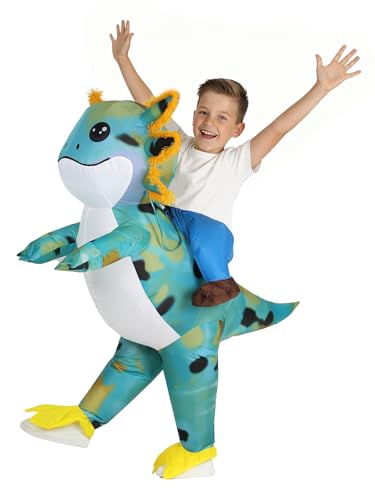 Kids Inflatable Axolotl Costume Funny Birthday Gift for Girls&Boys Blow Up Ride On Outfit for Party & Cosplay(Blue-green LXL)