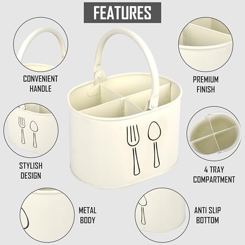 Image of Metal Spoon Stand for kitchen Steel | Cutlery Holder | Spoon Holder | Cutlery stand | Spoon organiser for kitchen - (White 4 partition) (White) 12 months Warranty