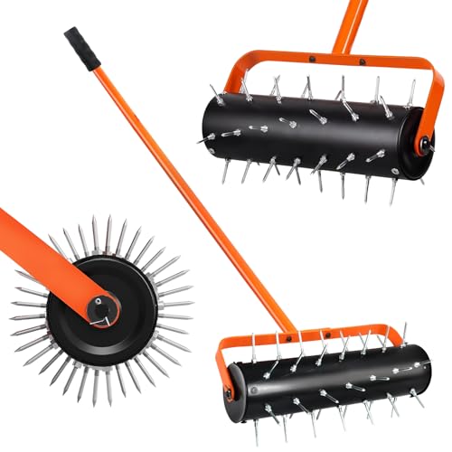 Aireador de césped rodante, rodillo manual de alta resistencia con 42 pinchos, herramienta aireadora con mango ajustable de 71 pulgadas, aireación de tierra prefijada para jardín, patio, patio