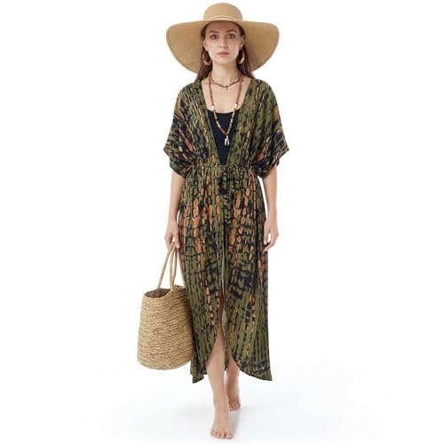 Cuffbow Long Beach Coverups for Women Kimono Boho Open Front Swimsuit Loose Beach Casual Caftan Dress Beachwear Cardigans(Army Green)