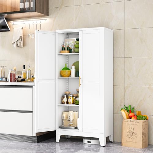 Image of erosoei Metal Pantry Storage Cabinet, Kitchen Storage Cabinets with Adjustable Feet and Shelves, Metal Pantry Cabinet for Kitchen, Living Room, Laundry Room and Dinning Room (2door-White)