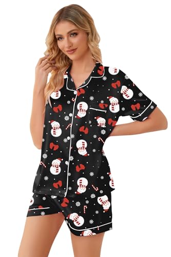 Image of Schbbbta Pajamas for Women, Satin Silk PJS Set 2 Piece Button Down Short Sleeves Sleepwear Soft Comfy Sexy Homewear Outfit, R Christmas Snowman Black, Medium