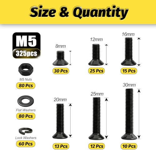 Image of KADRICK 325Pcs M5 Countersunk Screws,M5 Flat Head Screws,Phillips Bolts Nuts Washers Assortment Kit,Zinc Plated,Lenth of 8MM-30MM
